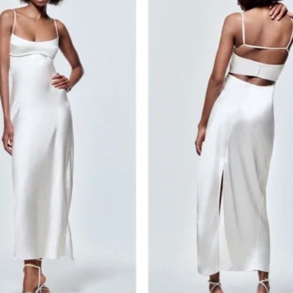 ZARA WHITE SATIN EFFECT CUT OUT BACK MIDI MAXI SLIP DRESS - Picture 7 of 17